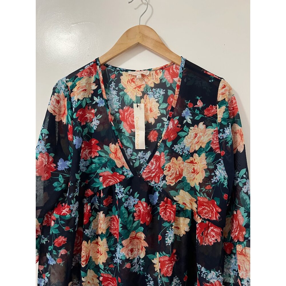 Claudia Richard Navy Floral Lightweight Sheer Oversized Blouse Size Medium - Picture 6 of 7